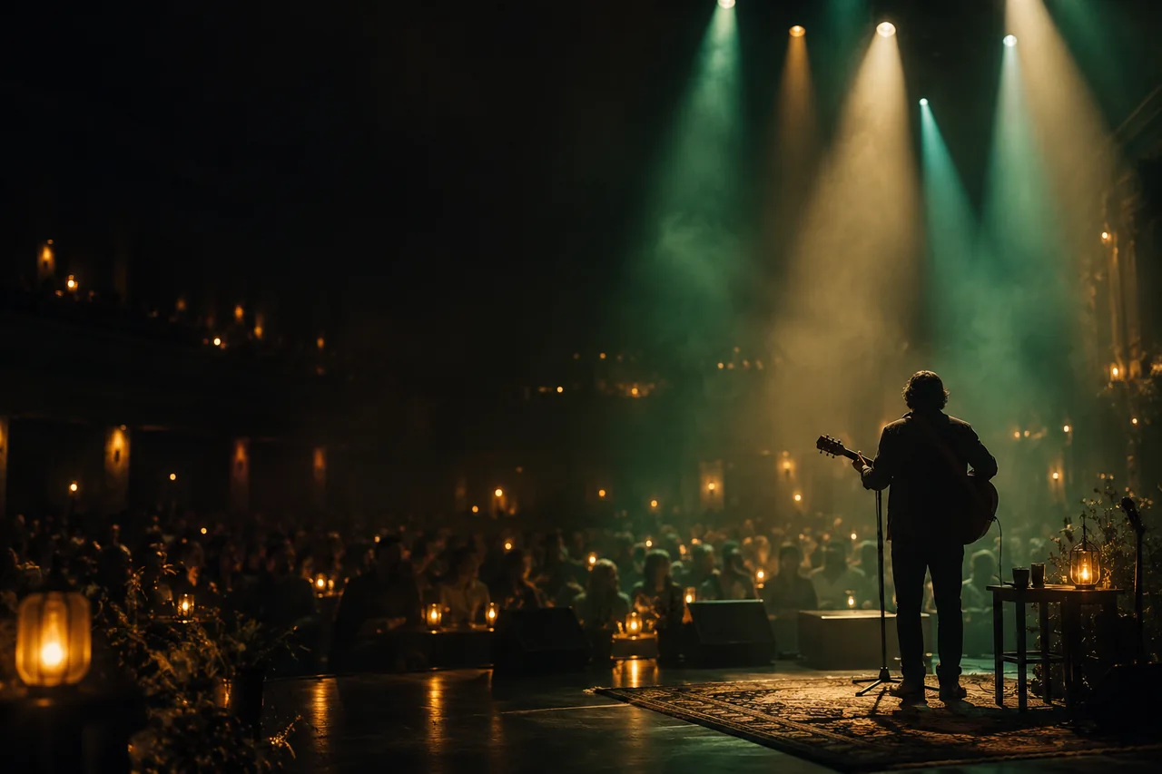 Cena ilustrativa de um compositor com violão diante de um palco iluminado em verde e dourado.