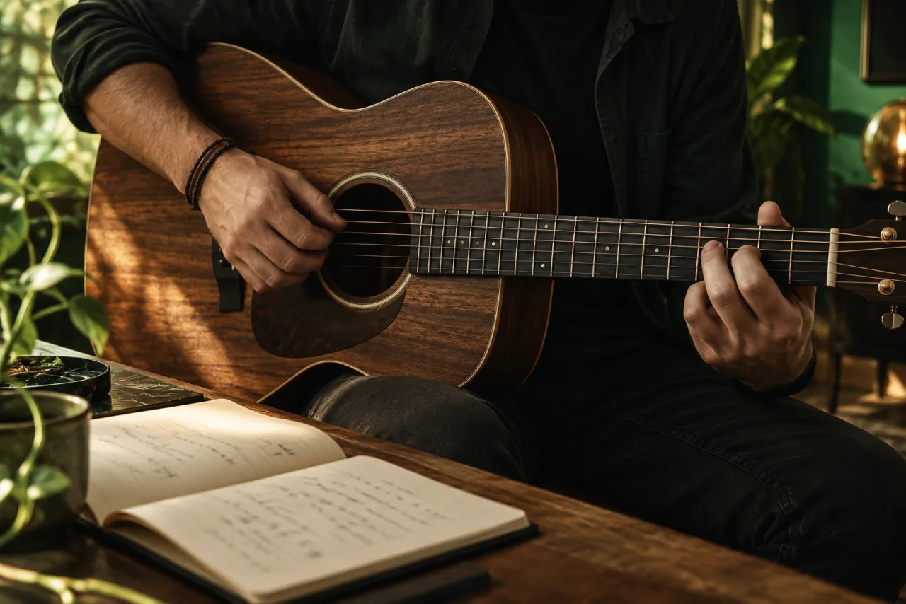 Compositor tocando violão ao lado de um caderno com sua composição.